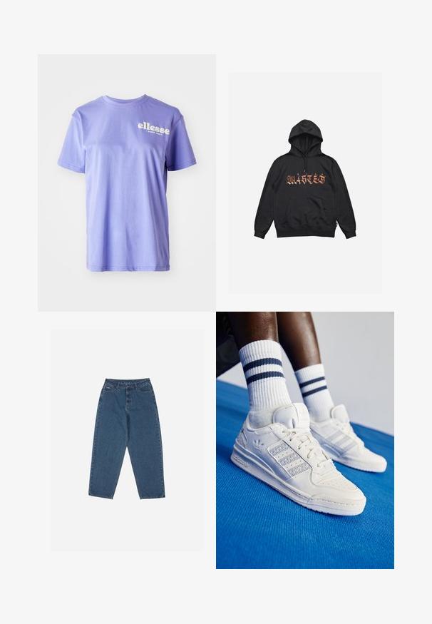 Melnā kapuce ar priekšējo kabatu, auklu kapuci un stilizētu oranžu tekstu. Audums izskatās mīksts un strukturēts ar brīvu piegriezumu.; Violets kokvilnas T-krekls ar apaļu kakla izgriezumu, īsām piedurknēm un baltu "ellesse" logotipa tekstu, kas izdrukāts priekšā. Gluda tekstūra.; Zilā džinsu auduma bikses ar brīvu piegriezumu, augstu jostasvietu, piecu kabatu dizainu un šuvju akcentiem. Iekļauts pogu un rāvējslēdzēja aizdare.; Baltas ādas sneakeri ar perforētiem akcentiem, trim metāliskiem svītrām un strukturētu sānu paneļu. Valkāti ar baltiem zeķēm, uz kurām ir zilas svītras.