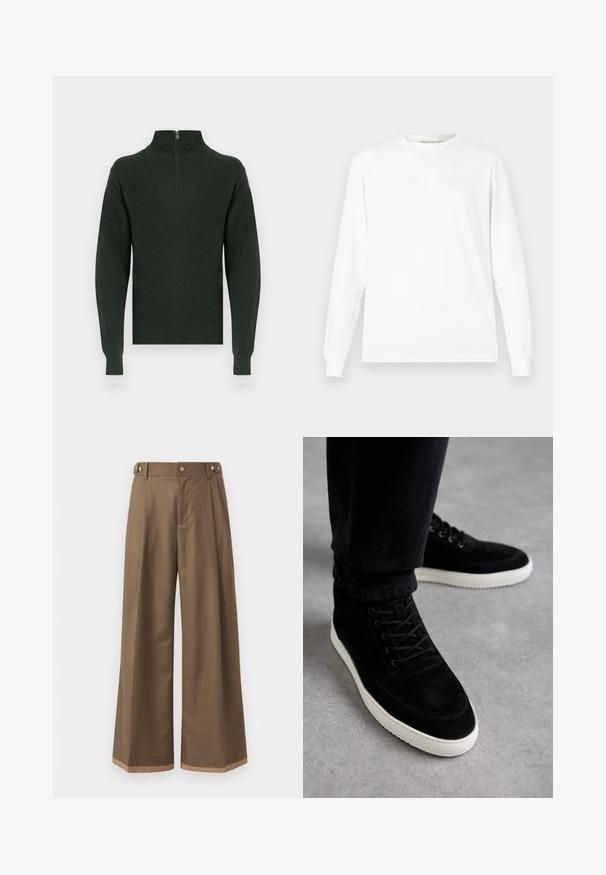 Tmavě zelený pletený svetr s vysokým límcem a polovičním zipem. Má žebrované rukávy a lem, s texturovaným povrchem na ramenou.; Tričko z bílé bavlny s dlouhým rukávem, na hrudi s reliéfním nápisem „LST801-WH25“, kulatým výstřihem a manžetami na rukávech.; Široké kalhoty z tmavě hnědé tkaniny, které mají dvě boční kapsy, dva dekorační přední knoflíky a kontrastní lem.; Černé semišové vysoké tenisky s bílou gumovou podrážkou, vybavené šněrováním a detaily prošívání, umístěné na neutrálním pozadí.