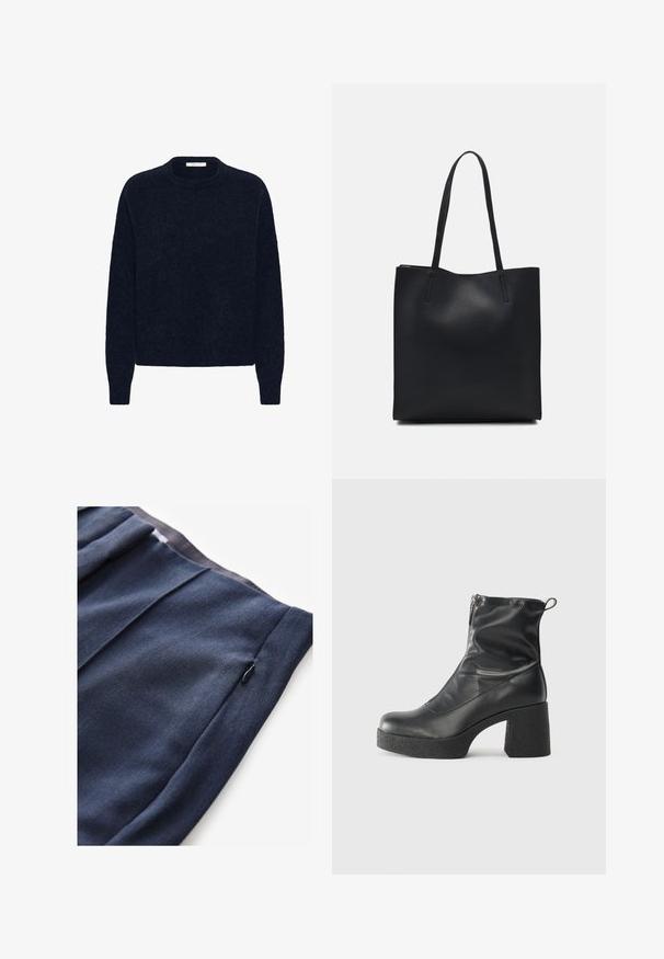 Tummansininen neulottu villapaita, jossa on pitkät hihat, pyöreä pääntie ja rento malli. Pehmeä rakenne, jossa on hienovaraisia neuleen vaihteluita.; Tummansininen housut, joissa on kuvioitu kangas, sivutasku vetoketjulla ja poimutettu yksityiskohta vyötäröllä.; Mustat nilkkurit, jotka on valmistettu sileästä nahasta. Niissä on sivuvetoketju, paksu teksturoitu korko ja pyöristetty kärki.; Mustapahkainen kangaskassi, jossa on sileä pinta, suorakaiteen muotoinen ja kaksi pitkää kahvaa. Ei näkyvää metalliosaa tai koristeita.