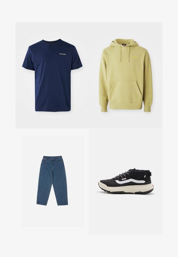 Svetlozelená mikina s kapucňou, má kengurskú kapsu, šnúrky, rebrované manžety a malé žlté logo "Dickies" na hrudi.; Námornícky modré bavlnené tričko s krátkym rukávom a okrúhlym výstrihom, s malým bielym logom Columbia na ľavej strane hrudníka. Mäkka textúra, klasický strih.; Modré džínsy s uvoľneným strihom, vysokým pásom, dizajnom s piatimi vreckami a kontrastným prešívaním. Obsahujú zapínanie na gombík a zips.; Čierne stredne vysoké tenisky s textúrovaným zvrškom, bielym bočným pruhom, šedými šnúrkami a masívnou krémovou podrážkou. Obsahujú zosilnený opätok a čiernu podrážku.