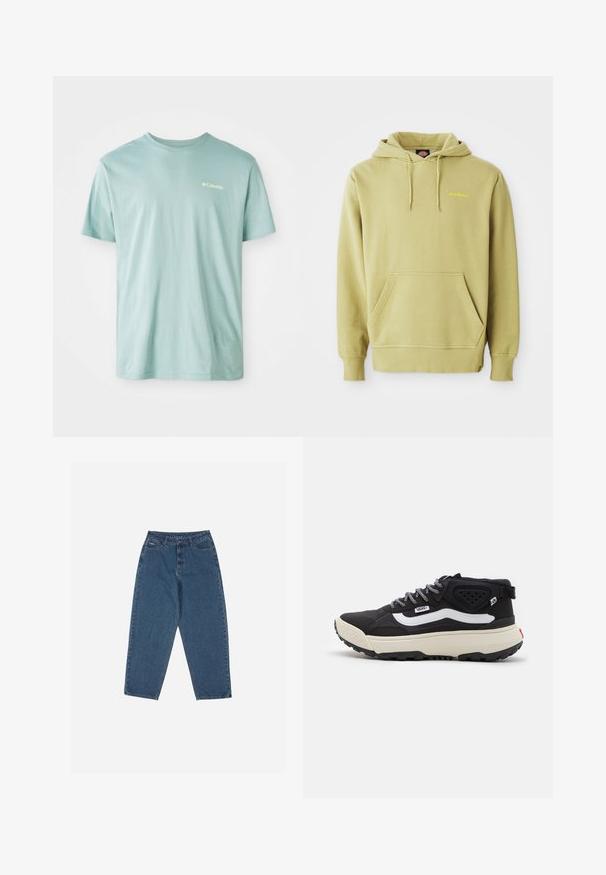 Sweatshirt pullover verde claro com bolso canguru, cordões, punhos canelados e pequeno logotipo amarelo "Dickies" no peito.; T-shirt de algodão azul claro com mangas curtas, gola redonda e um pequeno logótipo branco no peito. Textura suave, ajuste casual.; Calças de ganga azul com um corte descontraído, cintura alta, design de cinco bolsos e detalhes em costura. Apresenta um fecho com botão e zíper.; Sapatilha preta de cano médio com parte superior texturizada, faixa lateral branca, atacadores cinzas e sola cremosa chunky. Apresenta calcanhar reforçado e sola preta.