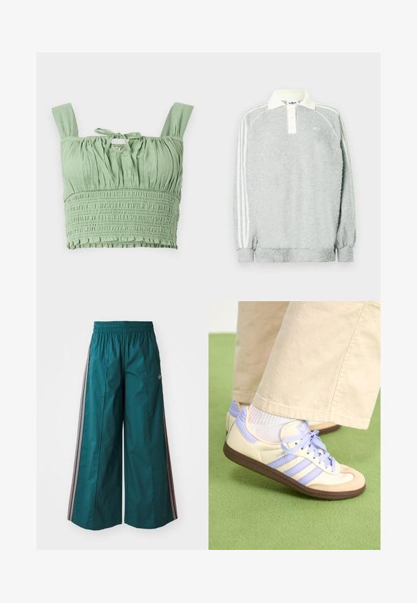 Gray fleece long-sleeve polo with a cream collar, three buttons, and white stripes along the sleeves. Soft texture throughout.; Light green crop top with smocked texture, wide straps, and a tied neckline. Features gathered fabric for a relaxed fit.; Teal wide-leg trousers with an elastic waistband, featuring striped accents in pink and white on the sides, made from lightweight fabric.; Cream and lavender sneakers with three stripes and a textured brown sole, featuring laces and a padded heel. Soft fabric upper.