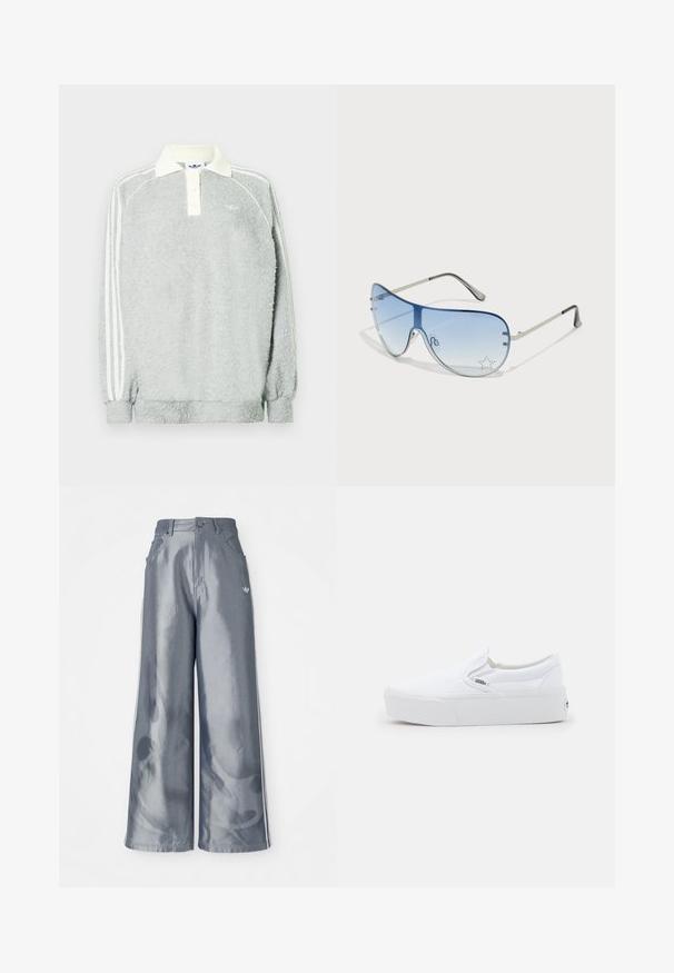 Graues Fleece-Polo mit langen Ärmeln, einer cremefarbenen Kragen, drei Knöpfen und weißen Streifen entlang der Ärmel. Weiche Textur überall.; Weite Hose aus glänzendem grauem Material, ausgestattet mit weißen seitlichen Streifen und einem Flammenmuster an den Unterschenkeln. Knopf- und Reißverschlussverschluss an der Taille.; Weiße Vans Slip-On Sneaker mit dickem Sohlen und dezentem Logo-Tag an der Seite, seitlich vor einem schlichten hellen Hintergrund gezeigt.; Flugzeugbrille mit einem verlaufenden blauen Glase, silbernem Metallrahmen und dekorativen Sternelementen auf dem Glas. Glattes und elegantes Design.