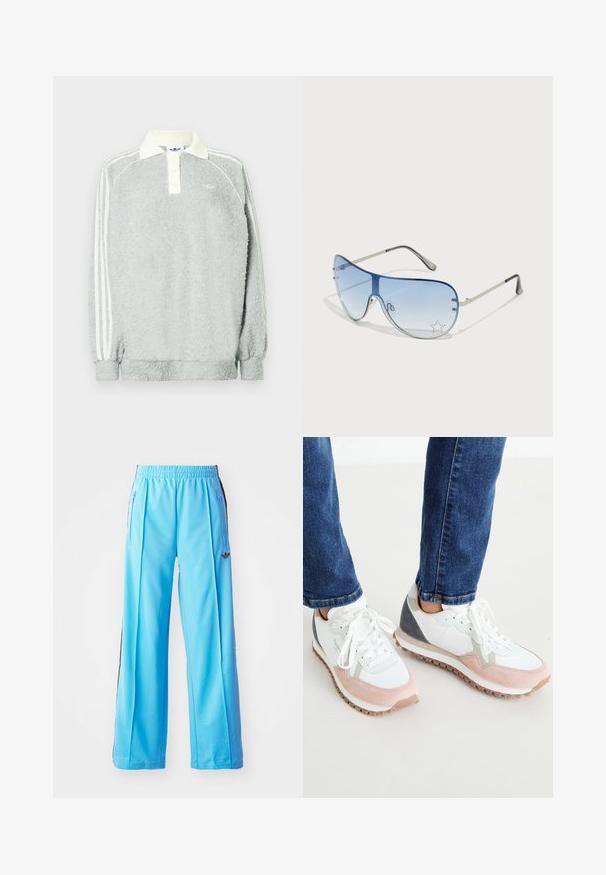 Pelēks flīsa polo krekls ar garām piedurknēm, krēmkrāsas apkakle, trīs pogas un baltas svītras gar piedurknēm. Mīksta tekstūra visā virsmā.; Gaiši zili sporta bikses ar elastīgu jostasvietu, sānu rāvējslēdzējiem un melniem sānu akcentiem. Mīksts audums ar brīvu, plašu kāju dizainu.; Baltie un gai rozā tenisboti ar pelēkiem akcentiem, ar zamšādu un sietu augšdaļā, gumijas zoli un apaļām auklām.; Pilotstila saulesbrilles ar gradienta zilām lēcām, sudraba metāla rāmjiem un dekoratīvām zvaigžņu akcentiem uz lēcām. Gluda un eleganta dizaina.