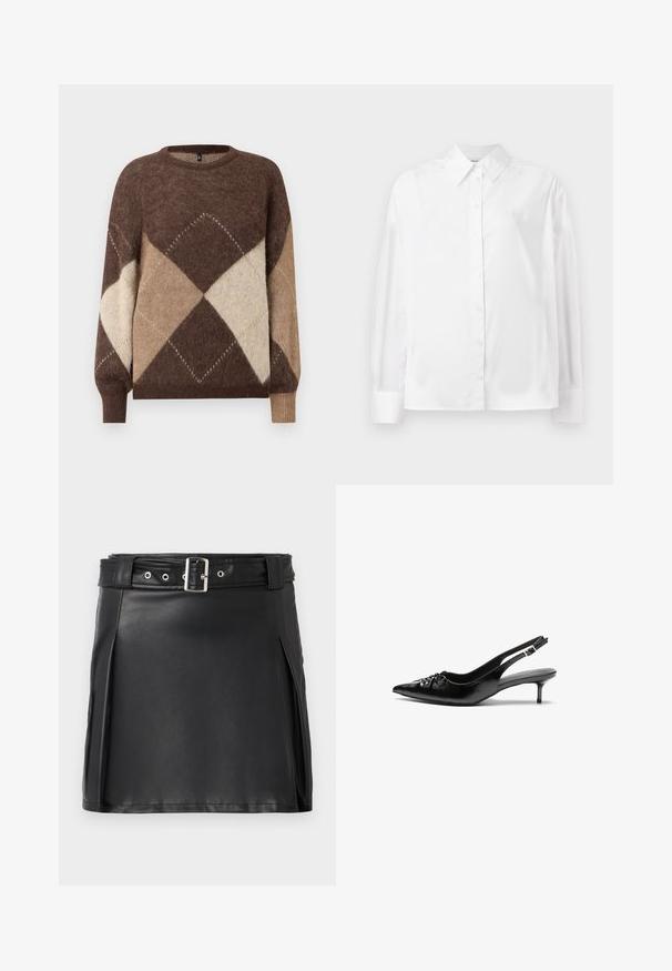 Rudas ir smėlio spalvos argyle raštas megztinis su ilgomis rankovėmis ir iškiliais kraštais ant balto fono.; Baltas ilgas rankovėmis marškiniai su mygtukais, pagaminti iš lygaus medvilnės mišinio. Yra klasikinė apykaklė, priekinis mygtukų uždarymas ir apvalios rankogaliai.; Juodas dirbtinės odos mini sijonas su prigludusia išvaizda, šoninėmis klostėmis ir dirželiu su sidabriniu sagtimi ir kilputėmis. Lygus paviršius, aukštas liemuo.; Juodos odinės slingback aukštakulniai su smailiu nosiu, mažais katės kulnais ir dekoratyvine mazgo detale priekyje. Visas paviršius lygus.