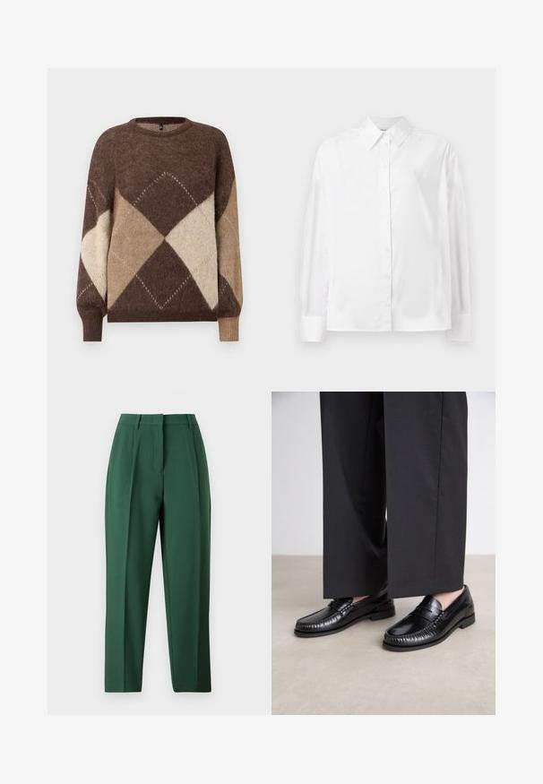 Suéter de punto con patrón de rombos en marrón y beige, con mangas largas y puños acanalados sobre un fondo blanco.; Camisa blanca de manga larga con botones, hecha de una suave mezcla de algodón. Cuenta con un cuello clásico, cierre frontal con botones y puños redondeados.; Pantalones verdes con un diseño a medida, con frente plano, piernas rectas y una textura suave. Sin bolsillos visibles ni adornos.; Mocasines de cuero negro con un acabado suave, con costuras alrededor de la punta y una suela de goma baja. Combinados con pantalones anchos negros.