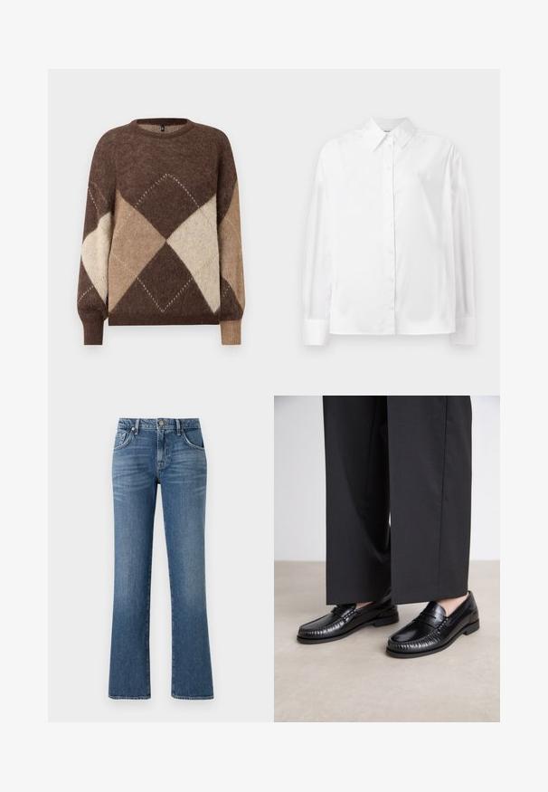 Brown and beige argyle patterned knit sweater with long sleeves and ribbed cuffs on a white background.; White long-sleeve button-up shirt in a smooth cotton blend. Features a classic collar, front button closure, and rounded cuffs.; Blue denim jeans with a flared leg design, five-pocket styling, and a front button closure, featuring a mid-rise waistband and faded finish.; Black leather loafers with a smooth finish, stitched detailing around the toe, and a low rubber sole. Paired with wide black trousers.