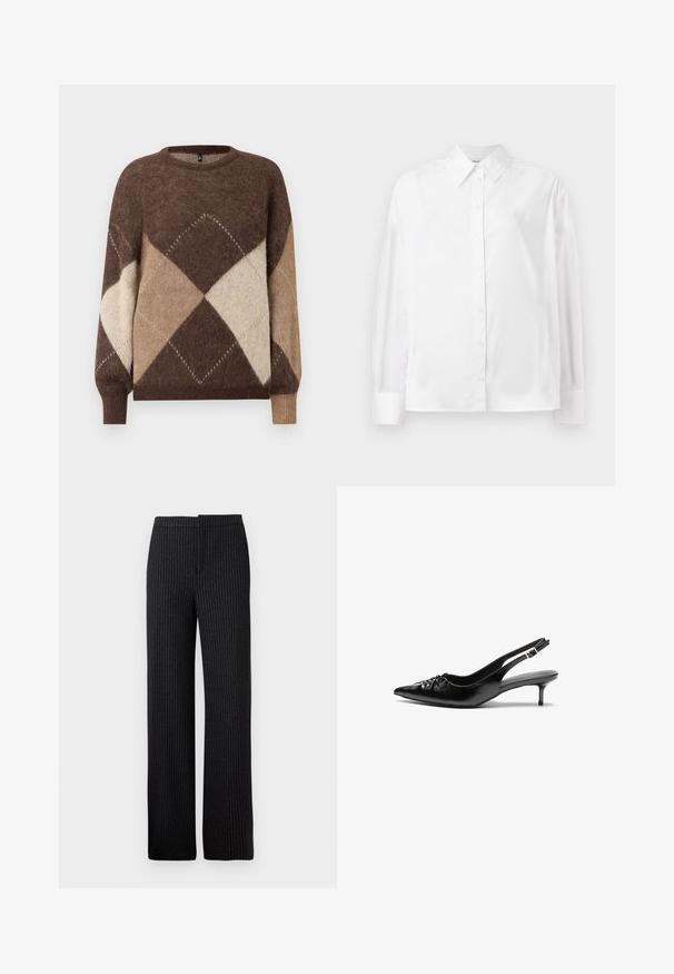 Pulôver de malha com padrão argyle em castanho e bege, com mangas longas e punhos canelados, sobre um fundo branco.; Camisa branca de mangas longas com botões, em um suave misto de algodão. Apresenta um colarinho clássico, fechamento frontal com botões e punhos arredondados.; Calças pretas riscas verticais com corte reto, apresentando uma textura suave e uma cintura, adequadas para trajes formais ou de negócios.; Sapatos de salto alto slingback em couro preto com bico fino, pequeno salto kitten e um detalhe decorativo em forma de nó na parte da frente. Textura suave em toda a parte.