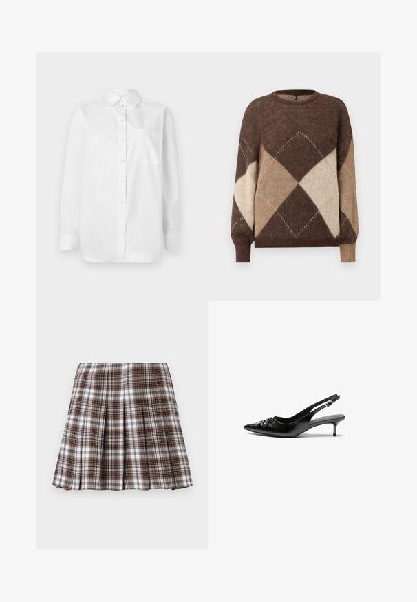 Bruine en beige argyle gebreide trui met lange mouwen en ribbelmanchetten op een witte achtergrond.; Witte blouse met lange mouwen, een knoopdoorlaat aan de voorkant en een enkele borstzak, tegen een effen witte achtergrond.; Bruine en witte geplooide rok met een gestructureerd ontwerp en een frisse textuur, met een hoge taille en meerdere verticale plooien.; Zwarte leren slingbackhakken met een spitsen neus, lage kittenhak en geplooide details op het bovendeel. Gladde textuur en minimalistisch ontwerp.