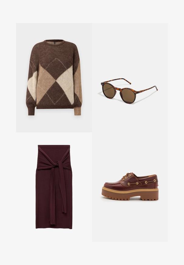 Ruskea ja beige argyle-kuvioinen neulepusero pitkillä hihoilla ja joustinneuloksella valkoisella taustalla.; Burgundin mekko, jossa on solmittu yksityiskohta vyötäröllä, valmistettu sileästä ja joustavasta kankaasta. Muotoon ommeltu siluetti suoran pituuden kanssa.; Ruskea nahkainen venejalkine, jossa on paksu ruskea kumipohja, kultaiset nauhapaikat ja kontrastiväriompelu. Sivussa on logo.; Pyöreät aurinkolasit, joissa on kilpikonnakuviot ja ruskeat linssit. Ominaisuuksiin kuuluu ohuet sangan osat, joissa on lievää tekstuuria ja metallielementtejä linssien lähellä.