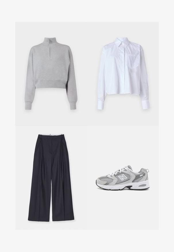 Light gray cropped sweater with a high neck, half-zip closure, and long sleeves. Soft texture and ribbed hem at the bottom.; White cropped shirt made of cotton, featuring a button-up front, pointed collar, long sleeves, and a single chest pocket. Smooth texture.; Victoria Beckham WIDE LEG TROUSER - Trousers - midnight; Grey athletic shoes with a mesh and suede upper, white laces, and a black outsole. Features a prominent "N" logo and padded collar.
