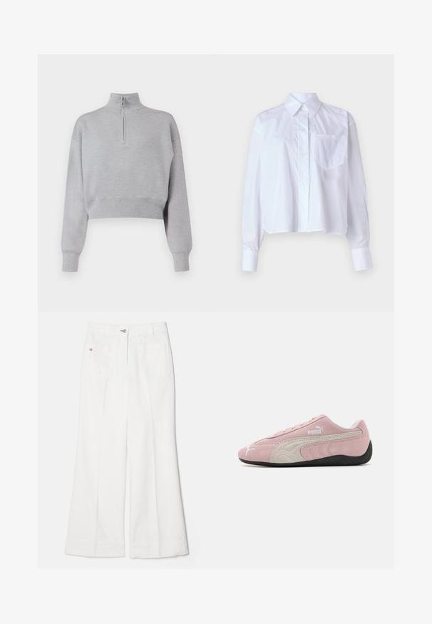 Svetlo sivi skrajšani pulover z visokim ovratnikom, polno zadrgo in dolgimi rokavi. Mehka tekstura in rebrast rob na dnu.; Bela skrajšana srajca iz bombaža, z gumbom na sprednji strani, z izrezanim ovratnikom, dolgimi rokavi in enim žepom na prsih. Gladka tekstura.; Bele flare kavbojke z višjim pasom, ki imajo dve zadnji žep in rdečo vezenino na desnem žepu, izdelane iz denima.; Roza semiš športni copat z sivo obrobo, poenostavljen dizajn, teksturirana zgornjega dela in črn gumijast podplat. Na strani ima znak Puma.