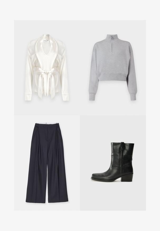 Šviesiai pilkas trumpas megztinis su aukštu kaklu, pusiau užtrauktuku ir ilgomis rankovėmis. Minkšta tekstūra ir rebrinė apatinė dalis.; Balta satino chalatą su šaliu apykakle, ilgomis rankovėmis ir juosta ties liemeniu. Lygus paviršius su švelniu blizgesiu ir šoninėmis kišenėmis.; Victoria Beckham WIDE LEG TROUSER - Kelnės - midnight; Juodi odiniai aulinukai iki kulkšnies su apvali nosimi, blokuotais kulnais, šonine užtrauktuku ir siuvimo akcentais ant viršutinės dalies. Lygi tekstūra, klasikinis dizainas.