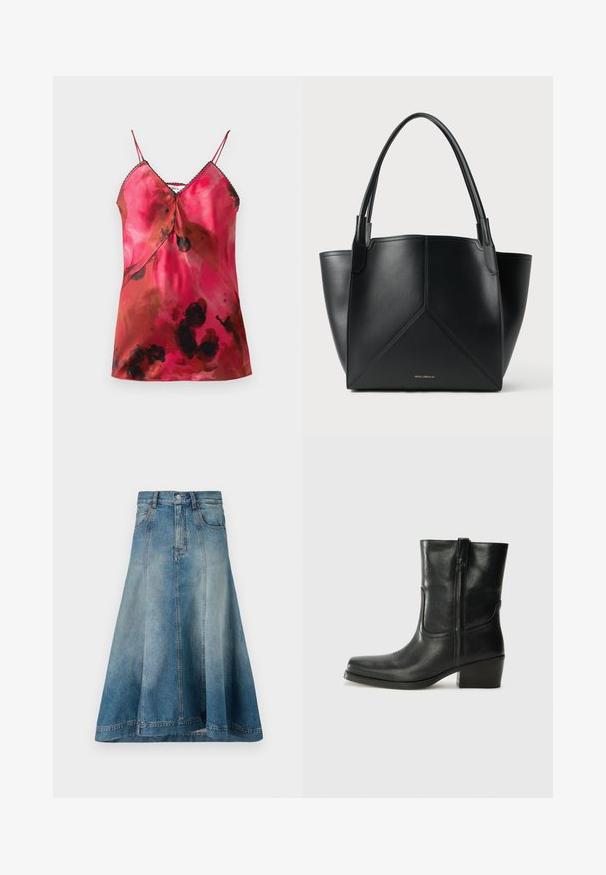Hellgrauer, kurz geschnittener Pullover mit hohem Kragen, halbem Reißverschluss und langen Ärmeln. Weiche Textur und gerippter Saum am unteren Ende.; Satin-Cami-Top mit tiefem V-Ausschnitt, dünnen verstellbaren Trägern und einem pinken und braunen Aquarellmuster mit schwarzen Akzenten entlang des Ausschnitts.; Denim A-Linien-Rock in einem hellblauen Waschton mit hoher Taille, seitlichen Taschen und Nahtdetails, die bis zum Saum verlaufen.; Schwarze Leder-Ankle Boots mit runder Zehenform, Blockabsatz, seitlichem Reißverschluss und gestickten Akzenten auf dem Blatt. Glatte Textur, klassisches Design.; Schwarze Ledertasche mit geometrischem Design, ausgestattet mit zwei Griffen und goldfarbener Markierung auf der Vorderseite. Glatte Textur und strukturierte Form.