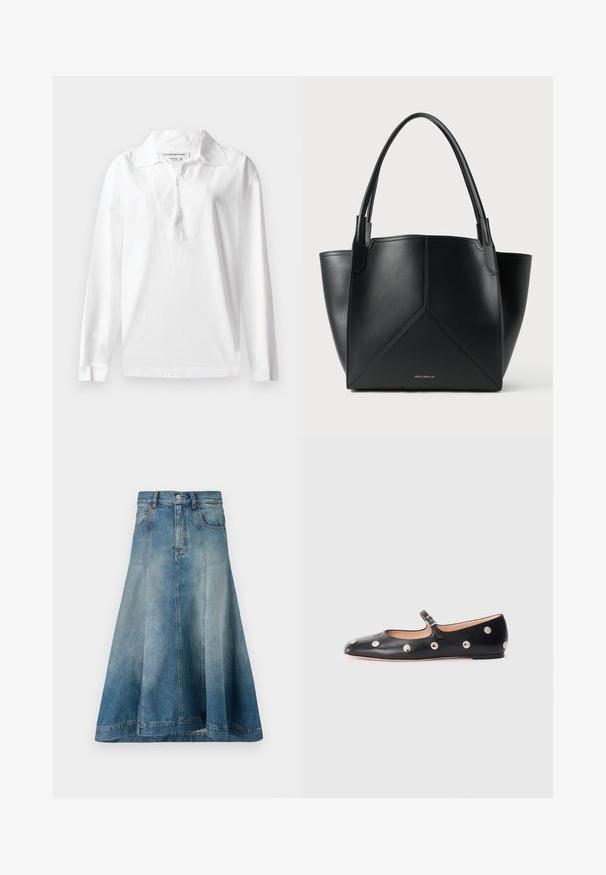 Hellgrauer, kurz geschnittener Pullover mit hohem Kragen, halbem Reißverschluss und langen Ärmeln. Weiche Textur und gerippter Saum am unteren Ende.; Weißes Langarm-Polohemd aus Baumwolle. Mit breitem Kragen und einem Halbzipverschluss. Glatte Textur mit lockerer Passform.; Denim A-Linien-Rock in einem hellblauen Waschton mit hoher Taille, seitlichen Taschen und Nahtdetails, die bis zum Saum verlaufen.; Schwarze Leder-Mary-Jane-Ballenflats mit runder Zehenform, ausgestattet mit silbernen runden Nieten und einem verstellbaren Riemen mit Schnalle.; Schwarze Ledertasche mit geometrischem Design, ausgestattet mit zwei Griffen und goldfarbener Markierung auf der Vorderseite. Glatte Textur und strukturierte Form.