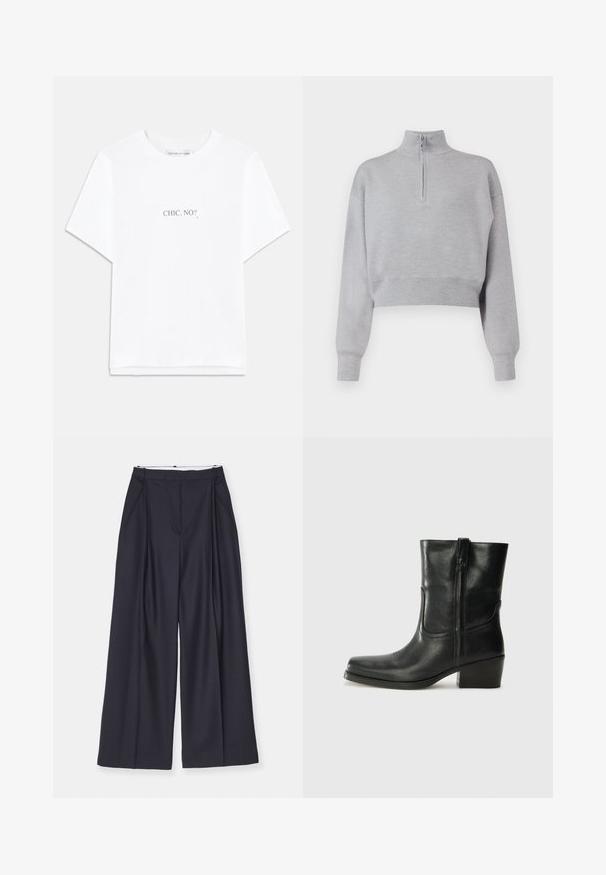 Gaišpelēks īss džemperis ar augstu apkakli, puszipsa slēgšanu un garām piedurknēm. Maiga tekstūra un ribota apakšmalā.; Baltas kokvilnas T-krekls ar īsām piedurknēm un taisnu apakšu. Centrā ar melniem burtiem rakstīts "CHIC, NO?". Klasiska apaļa kakla dizaina.; Baldais iešauts krekls, kas izgatavots no kokvilnas, ar pogām priekšpusē, norādītu apkakli, garām piedurknēm un vienu krūšu kabatu. Rūpīgi apstrādāta tekstūra.; Victoria Beckham WIDE LEG TROUSER - Auduma bikses - midnight; Melna ādas potīte ar noapaļotu purngalu, bloku papēdi, sānu rāvējslēdzēju un šuvju akcentiem uz virsmas. Gluda tekstūra, klasiskā dizaina.