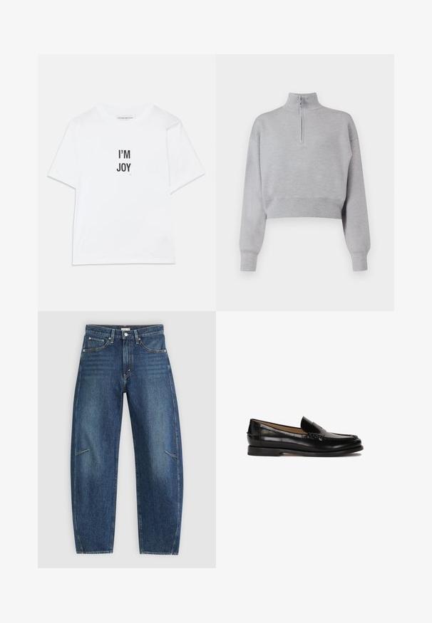Světlé šedé zkrácené svetřík s vysokým límcem, polovičním zipem a dlouhými rukávy. Měkká textura a žebrovaný lem na spodním okraji.; Bílý bavlněný tričko s potiskem "JSEM RADOST" v černé barvě, krátké rukávy, klasický kulatý výstřih a uvolněný střih.; Tmavě modré džíny s rovnými nohavicemi, vybavené předními kapsami, kontrastním šitím a jemně vybledlou texturou na nohavicích.; Černé kožené mokasíny s kulatou špičkou, jednoduchým designem na obouvání a diskrétními prošívanými detaily na svršku. Plochá gumová podrážka.