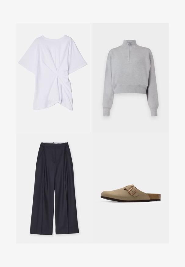 Svetlo sivi skrajšani pulover z visokim ovratnikom, polno zadrgo in dolgimi rokavi. Mehka tekstura in rebrast rob na dnu.; Victoria Beckham BODY TWIST TEE - Potiskana majica - white; Bela skrajšana srajca iz bombaža, z gumbom na sprednji strani, z izrezanim ovratnikom, dolgimi rokavi in enim žepom na prsih. Gladka tekstura.; Victoria Beckham WIDE LEG TROUSER - Hlače - midnight; Bežna klompa z zaobljenim nosom, nastavljivim sponko in korčnim podplatom. Teksturirana površina s črnim gumijastim podplatom za oprijem.