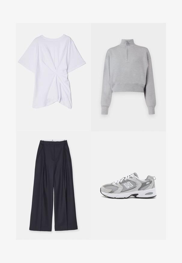 Light gray cropped sweater with a high neck, half-zip closure, and long sleeves. Soft texture and ribbed hem at the bottom.; Victoria Beckham BODY TWIST TEE - Print T-shirt - white; White cropped shirt made of cotton, featuring a button-up front, pointed collar, long sleeves, and a single chest pocket. Smooth texture.; Victoria Beckham WIDE LEG TROUSER - Trousers - midnight; Grey athletic shoes with a mesh and suede upper, white laces, and a black outsole. Features a prominent "N" logo and padded collar.