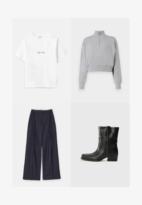 Helehallid lühikeste käistega kõrge kaelusega sviiter, millel on pool tõmblukk ja pikad varrukad. Pehme tekstuur ja soonikäär all.; Valge puuvillane T-särk lühikeste varrukatega ja lõdva lõikega, mille esiküljel ja tagaküljel on must tekst "CHIC, NO?".; Valge lühikese seljaga puuvillane särk, millel on nööpidega eesmine osa, terav krae, pikad varrukad ja üks rinna tasku. Sujuv tekstuur.; Victoria Beckham WIDE LEG TROUSER - Püksid - midnight; Musta nahast pahkluu saabas ümarate varvastega, plokknäppu, külgsepa ja pealsetel õmblusest aktsentidega. Sile tekstuur, klassikaline disain.