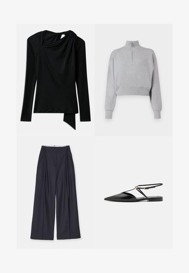 Világosszürke, rövidített pulóver magas nyakkal, félig cipzárral és hosszú ujjal. Puha tapintású, alján bordás szegéllyel.; Hosszú ujjú fekete felső sima anyagból, drapírozott nyakkivágással, aszimmetrikus szegéllyel és kivágással a háton.; Fehér, pamutból készült, cropped ing, gombos elülső résszel, hegyes nyakkal, hosszú ujjakkal és egyetlen mellzsebbel. Simább textúra.; Victoria Beckham WIDE LEG TROUSER - Nadrágok - midnight; Victoria Beckham Szandálok - black