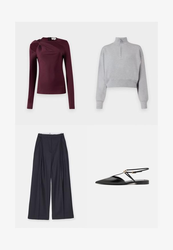 Jasnoszary skrócony sweter z wysokim dekoltem, pół-zamkiem i długimi rękawami. Miękka tekstura i prążkowany dół.; Długi rękaw w głębokim burgundzie, z skręconym wzorem na ramieniu i zapięciem na zamek z tyłu. Gładki, elastyczny materiał w dopasowanym kroju.; Biała skórzana bluzka, wykonana z bawełny, z przodu zapinana na guziki, z kołnierzykiem w szpic, długimi rękawami oraz jedną kieszonką na piersi. Gładka faktura.; Victoria Beckham - Spodnie materiałowe; Victoria Beckham - Sandały