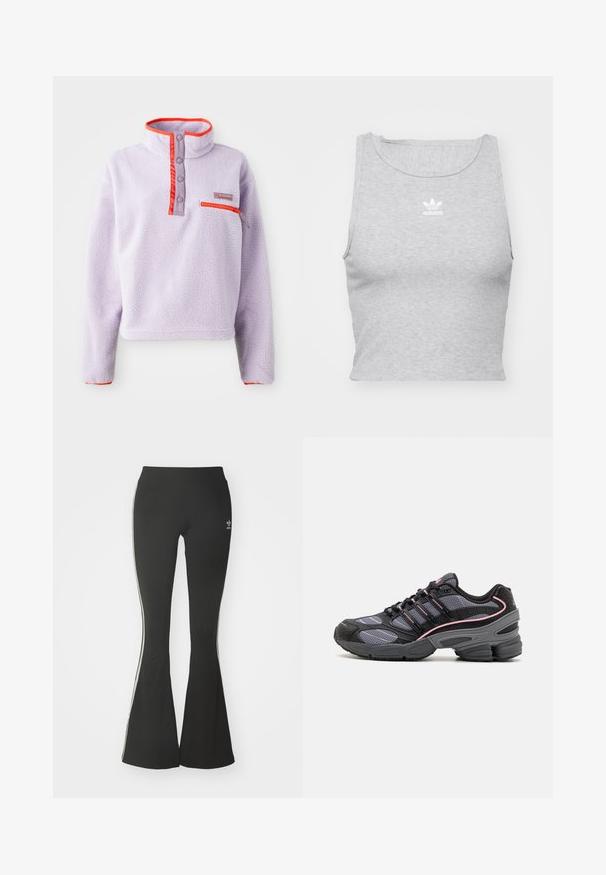 Vaaleanlila fleece-poolo, jossa on korkea kaulus, punaiset nylon-yksityiskohdat, nepparit ja vetoketjullinen tasku vasemmalla etupuolella.; Harmaa, hihaton crop top, joka on valmistettu pehmeästä kankaasta. Siinä on pyöreä kaula-aukko ja pieni valkoinen Adidas-logo rinnassa.; Mustat astiakkaat legginsit, jotka on valmistettu joustavasta kankaasta, joissa on korkea vyötärö ja valkoiset sivuraitat. Sisältää pienen logon vyötäröllä.; Mustat ja harmaat urheilukengät, joissa on verkkomaisia paneeleita, vaaleanpunaiset korostusviivat ja paksu pohjarakenne. Varustettu nauhoilla ja teksturoiduilla materiaalitiedoilla.