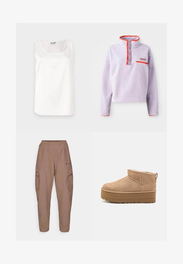 Világoslila polár pulóver magas gallérral, piros nylon díszítéssel, patentgombokkal és egy cipzáros zsebbel a bal elülső oldalon.; Fehér ujjatlan felső, kerek nyakkivágással, sima, fényes anyagból; egyszerű dizájn, minták és díszítések nélkül.; Barna cargo nadrág rugalmas derékkal, két oldalsó zsebbel és texturált anyagból készült. Elöl logó hímzés található.; Beige velúr boka csizmák puha belsővel, platform talppal és hátul elhelyezett húzófüllel az egyszerű felhúzás érdekében. Texturált gumitalp.