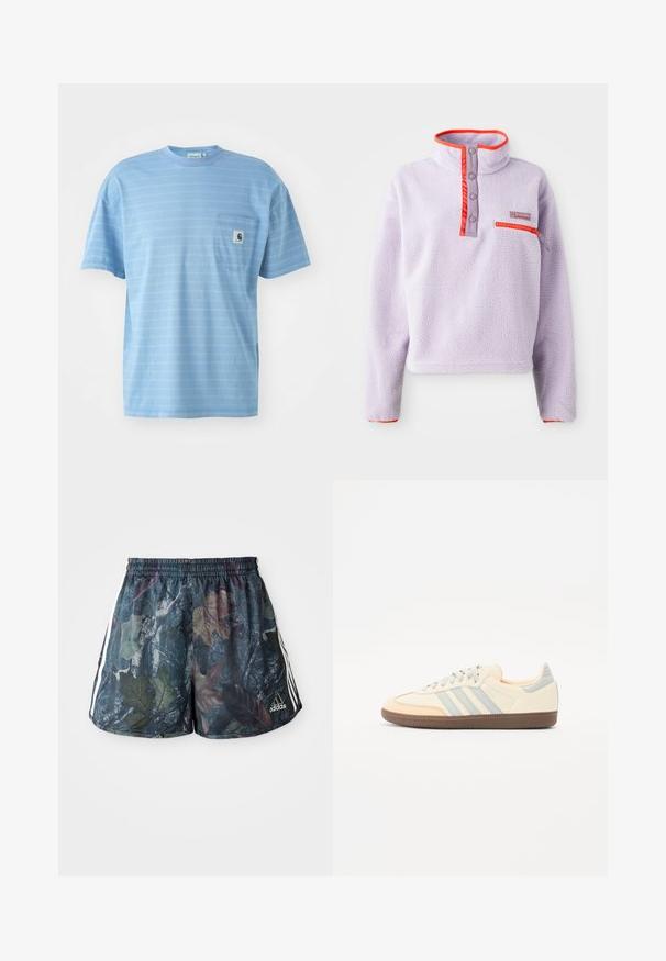 Lys lilla fleecepullover med høj krave, røde nylon detaljer, trykknapper og en lynlåslomme på venstre front.; Lysblå, kortærmet t-shirt med horisontale striber. Har en brystlomme med et logo-patch. Lavet af blødt bomuldsstof.; Herre shorts med et flerfarvet bladmønster på en mørk baggrund, med elastisk talje og sidelister i hvid.; Sko med en overdel i cremefarvet læder, lyseblå striber og ferskenfarvede detaljer. Har en struktureret brun gummisål og et minimalistisk design.