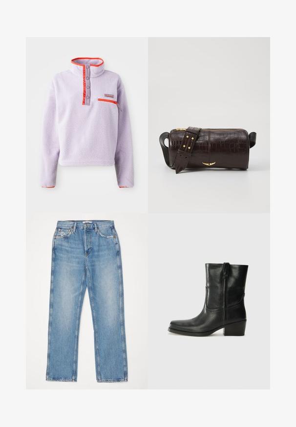 Gaišs violets flīsa džemperis ar augstu apkakli, sarkaniem neilona akcentiem, pogām ar spiedpogu un ar rāvējslēdzēja kabatu kreisajā priekšējā pusē.; RE/DONE HIGH RISE - Džinsi ar taisnām starām - worn blue; Melna ādas potīte ar noapaļotu purngalu, bloku papēdi, sānu rāvējslēdzēju un šuvju akcentiem uz virsmas. Gluda tekstūra, klasiskā dizaina.; Brūna krokodila ādas soma ar cilindrisku formu, zelta toni aparatūru un noņemamu siksnu ar studiem.