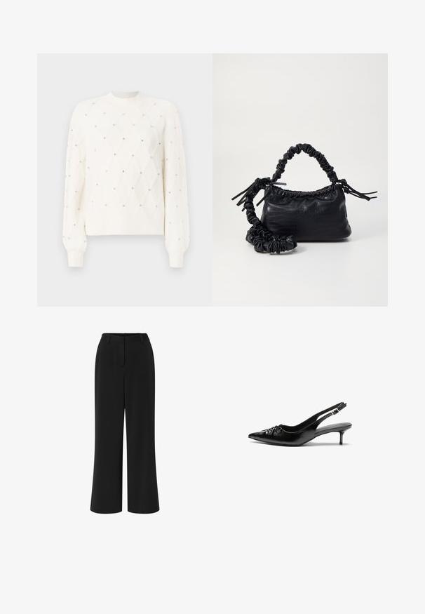 Hvit strikket genser med diamantmønster, pyntet med små rhinestones. Har ribbestrikket rund hals og lange ermer.; Svart vide benbukser laget av glatt stoff. Har flat front, beltehempemerke og to sidelommer.; Sorte skinnert remsandaler med spiss tå, liten kittenhæl og en dekorativ knute detalj foran. Glatt tekstur gjennom hele.; Svart faux skinn-håndveske med krokodilletekstur, strammet topp og en rynket stropp. Ser myk og kompakt ut i designen.