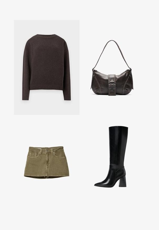 Un pull ras-du-cou brun foncé avec des manches longues et des poignets et un ourlet côtelés, vu de dos sur un fond blanc.; Jupe en denim vert olive, mini, avec poches avant, coupe droite et fermeture à bouton. Texture douce avec des détails de couture visibles.; Bottes en cuir noir arrivant au genou, avec un bout pointu, une texture lisse et un talon épais et cranté pour la stabilité. Design élégant avec des accents minimalistes.; Sac à épaule en cuir marron avec une forme courbée, présentant un détail de boucle proéminent, des coutures contrastantes et une seule bandoulière.