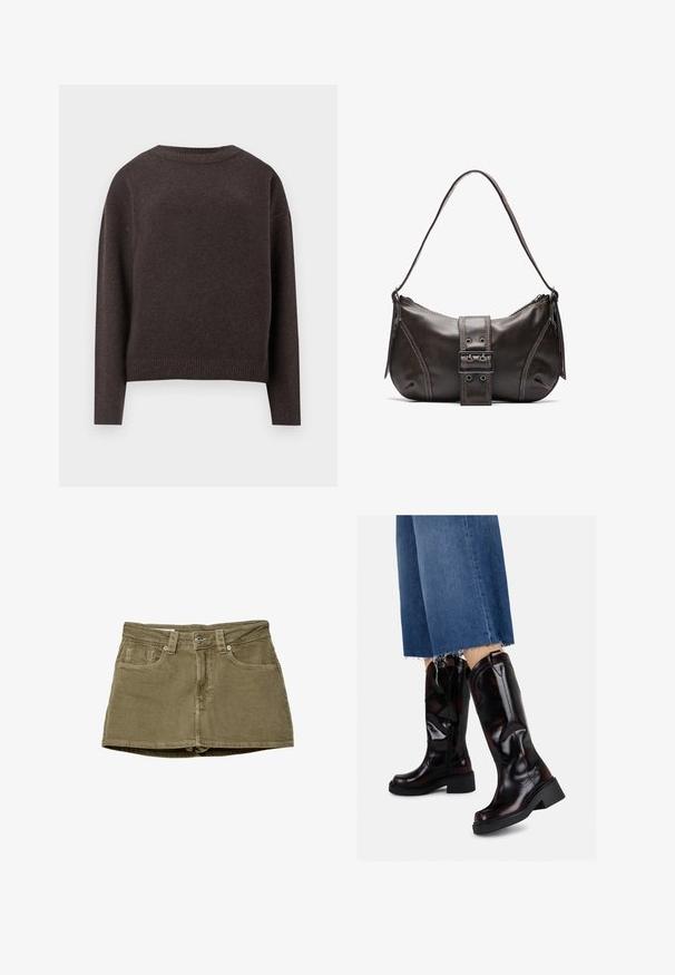 Tmavohnedý pulóver s okrúhlym výstrihom a dlhými rukávmi, so širokými manžetami a lemom, zobrazený zozadu na bielom pozadí.; Olivovozelená denimová minisukňa s prednými vreckami, rovný strih a zapínanie na gombík. Mäkká textúra s viditeľnými švovými detailmi.; Čierne lakované kožené čižmy po kolená s robustným podpätkom a bočným zipsom. Hladký povrch s lesklým finišom a štruktúrované dizajnové prvky.; Hnedá kožená taška cez plece s zakriveným tvarom, s výrazným detailom sponky, kontrastným prešívaním a jedným popruhom na plece.