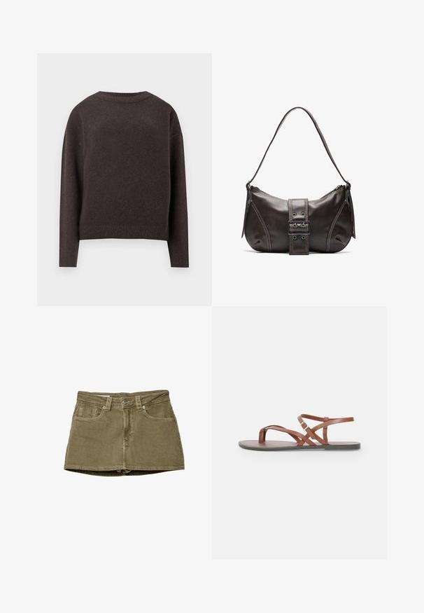 Temno rjav pulover s krožnim izrezom, dolgimi rokavi in rebrastimi manšetami ter robom, prikazan s hrbtne strani na beli podlagi.; Olivnozeleni denim mini krilo s sprednjimi žepi, ravnega kroja in gumbnim zapiranjem. Mehka tekstura z vidnimi šivi.; Rjave usnjene sandale z ravnim podplatom, prečnimi trakovi, odprtim delom za prste in zaponko na gležnju. Gladka tekstura in minimalističen slog.; Rjava usnjena torba za rame z ukrivljeno obliko, ki ima izrazit detajl s sponko, kontrastno šivanje in enojno naramnico.