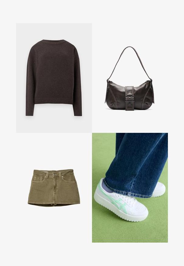 Temno rjav pulover s krožnim izrezom, dolgimi rokavi in rebrastimi manšetami ter robom, prikazan s hrbtne strani na beli podlagi.; Olivnozeleni denim mini krilo s sprednjimi žepi, ravnega kroja in gumbnim zapiranjem. Mehka tekstura z vidnimi šivi.; Bela teniska z mint zelenimi detajli, gladek usnjen zgornji del, perforiran toe, debel podplat, oblečena z modrimi kavbojkami, na zeleni površini.; Rjava usnjena torba za rame z ukrivljeno obliko, ki ima izrazit detajl s sponko, kontrastno šivanje in enojno naramnico.
