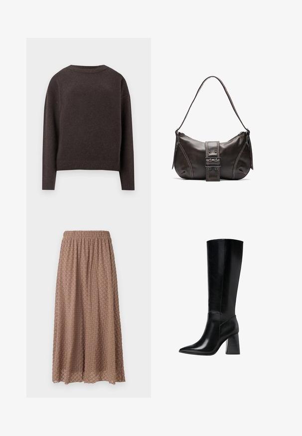 Dunkelbrauner Rundhalspullover mit langen Ärmeln sowie gerippten Bündchen und Saum, von hinten auf weißem Hintergrund gezeigt.; Brauner, knielanger Rock mit Elastikbund, strukturierten Stoff mit einem Rautenmuster in helleren Tönen, leicht und luftig.; Knöchelhohe schwarze Lederstiefel mit spitzem Schuhkopf, glatter Textur und einem stabilen, profilierten Blockabsatz. Schlankes Design mit minimalen Akzenten.; Braune Lederumhängetasche mit gebogener Form, die mit einem auffälligen Schnallendetail, kontrastierenden Nähten und einem einzigen Schulterriemen ausgestattet ist.