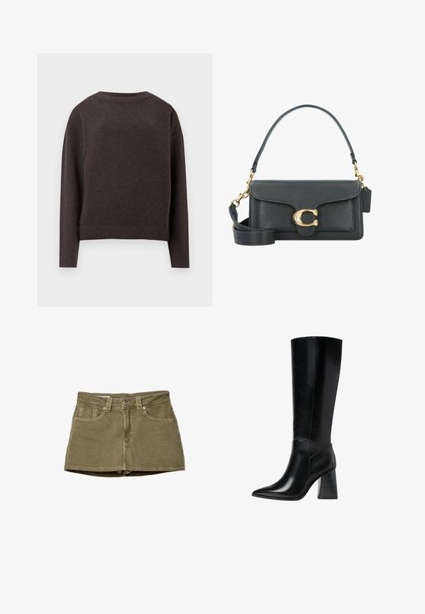 Mørkebrun crewneck sweater med lange ærmer samt ribbede manchetter og nederste kant, vist fra ryggen på en hvid baggrund.; Olivengrøn denim miniskørt med forlommer, lige snit og knaplukning. Blød tekstur med synlige syninger.; Knæhøje sorte læderstøvler med spids tå, glat tekstur og en chunky rillede hæl for stabilitet. Elegant design med minimale accenter.; Sorte læderhåndtaske med et gyldent hardware-udstyr, der har en signaturlås, en aftagelig skulderrem og en tekstureret overflade.