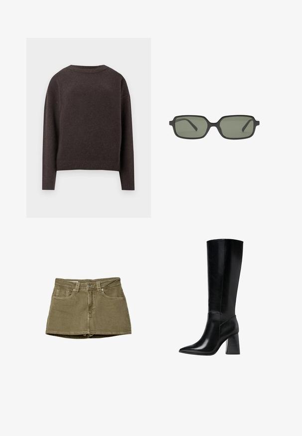 Mørkebrun crewneck sweater med lange ærmer samt ribbede manchetter og nederste kant, vist fra ryggen på en hvid baggrund.; Olivengrøn denim miniskørt med forlommer, lige snit og knaplukning. Blød tekstur med synlige syninger.; Knæhøje sorte læderstøvler med spids tå, glat tekstur og en chunky rillede hæl for stabilitet. Elegant design med minimale accenter.; Sorte rektangulære solbriller med mørkegrønne linser, der har et fladt design, minimalistiske sider og en letvægtsramme for komfort.