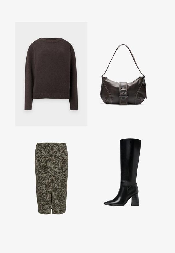 Tummanruskea puuvillapusero, jossa on pitkät hihat ja ribbireunat, näkyy takaa valkoista taustaa vasten.; Ruskea ja beige kynähame, jossa on tiikeriraidoitusta, valmistettu teksturoidusta kankaasta, etuosassa halkio.; Polvisuoju mustat nahka-saappaat teräväkärkisillä, sileillä pinta-aloilla ja tukevalla uritetulla korolla vakauden saavuttamiseksi. Tyylikäs muotoilu, jossa on minimaaliset yksityiskohdat.; Ruskea nahkainen olkalaukku, jossa on kaareva muoto, erottuva solk yksityiskohta, kontrastivärinen ommel ja yksi olkahihna.