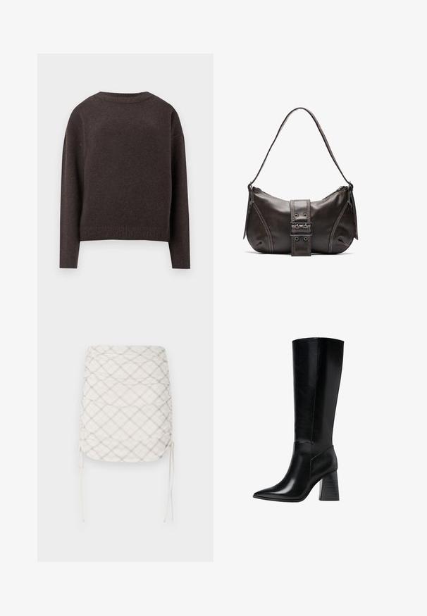 Tmavě hnědý svetřík s kulatým výstřihem a dlouhými rukávy, se žebrovanými manžetami a spodním lemem, zobrazený zezadu na bílém pozadí.; Pohužel mini sukně v krémové barvě s šedým a béžovým kostkovaným vzorem. Disponuje nastavitelnými bočními šňůrkami a hladkým texturovaným materiálem.; Černé kožené boty po kolena s špičatou špičkou, hladkým povrchem a robustním vroubkovaným podpatkem pro stabilitu. Elegantní design s minimálními akcenty.; Hnědá kožená taška přes rameno s zakřiveným tvarem, s výrazným detailem přezky, kontrastním prošíváním a jedním popruhem na rameno.