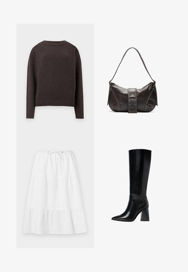 Tmavohnedý pulóver s okrúhlym výstrihom a dlhými rukávmi, so širokými manžetami a lemom, zobrazený zozadu na bielom pozadí.; Bieliznová bavlnená sukňa s plochým pásom na šnurovanie, so zložkami a splývavým dizajnom. Hladká textúra, dĺžka po členky.; Čierne kožené boty po kolená s špicatou špičkou, hladkou textúrou a hrubým, drážkovaným podpätkom pre stabilitu. Elegantný dizajn s minimálnymi akcentmi.; Hnedá kožená taška cez plece s zakriveným tvarom, s výrazným detailom sponky, kontrastným prešívaním a jedným popruhom na plece.