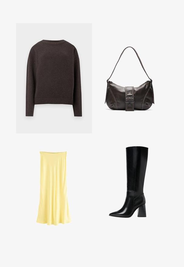Maglione girocollo marrone scuro con maniche lunghe e polsini e orlo a costine, mostrato da dietro su uno sfondo bianco.; Abito maxi in satin giallo con silhouette fluida. Caratterizzato da un scollo arricciato e una texture liscia, progettato per un indossare rilassato.; Stivali neri in pelle al ginocchio con punta affilata, texture liscia e tacco robusto scalanato per stabilità. Design elegante con accentuazioni minime.; Borsa a spalla in pelle marrone con una forma curvata, caratterizzata da un evidente dettaglio a fibbia, cuciture a contrasto e una sola tracolla.