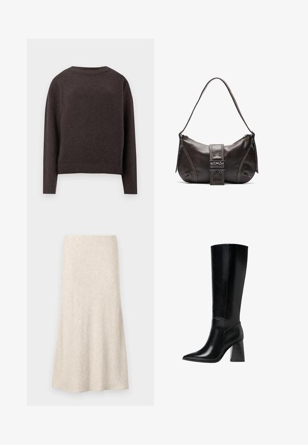 Tamno smeđi pulover s okruglim izrezom, dugim rukavima te rebrastim manžetama i donjim dijelom, prikazan sa stražnje strane na bijeloj pozadini.; Bežna tkanina suknja s raširenim dizajnom, glatkom teksturom i suptilnim zig-zag uzorkom. Srednje dužine bez vidljivih kopčanja ili ukrasa.; Crne kožne čizme do koljena s šiljastim vrhom, glatkom teksturom i debelim rebrastim potplatom za stabilnost. Moderne linije s minimalnim naglascima.; Smeđa kožna torba za rame s zakrivljenim oblikom, s istaknutim detaljem kopče, kontrastnim šavovima i jednim remenom za rame.