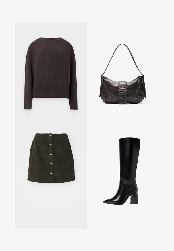Tmavohnedý pulóver s okrúhlym výstrihom a dlhými rukávmi, so širokými manžetami a lemom, zobrazený zozadu na bielom pozadí.; Tmavo zelená kordová sukňa s A-liniovým strihom, predným zapínaním na gombíky a jemnou rebrovou textúrou. Dĺžka do polovice stehna a jednoduchý lem.; Čierne kožené boty po kolená s špicatou špičkou, hladkou textúrou a hrubým, drážkovaným podpätkom pre stabilitu. Elegantný dizajn s minimálnymi akcentmi.; Hnedá kožená taška cez plece s zakriveným tvarom, s výrazným detailom sponky, kontrastným prešívaním a jedným popruhom na plece.; Zlaté kruhové náušnice s hladkým, zaobleným dizajnom a lesklým povrchom. Ľahká konštrukcia s bezpečným zapínaním.