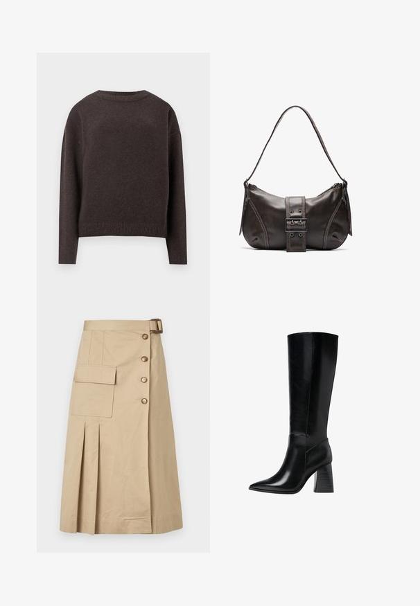 Tummanruskea puuvillapusero, jossa on pitkät hihat ja ribbireunat, näkyy takaa valkoista taustaa vasten.; Biege polvipituinen hame, joka on valmistettu puuvillasekoituksesta. Siinä on etunapit, sivutasku ja laskoksia rakenteen vuoksi. Sujuva pinta.; Polvisuoju mustat nahka-saappaat teräväkärkisillä, sileillä pinta-aloilla ja tukevalla uritetulla korolla vakauden saavuttamiseksi. Tyylikäs muotoilu, jossa on minimaaliset yksityiskohdat.; Ruskea nahkainen olkalaukku, jossa on kaareva muoto, erottuva solk yksityiskohta, kontrastivärinen ommel ja yksi olkahihna.