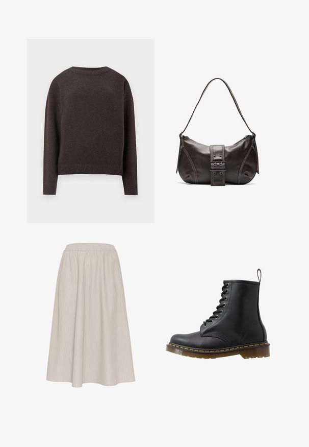 Maglione girocollo marrone scuro con maniche lunghe e polsini e orlo a costine, mostrato da dietro su uno sfondo bianco.; Gonna leggera beige, lunghezza alla caviglia, con una cintura elastica. Presenta righe verticali e un tessuto fluido e testurizzato.; Stivale alla caviglia in pelle nera con punta rotonda, design con lacci ad occhiello, cuciture arancioni e suola spessa traslucida. Loops sul retro.; Borsa a spalla in pelle marrone con una forma curvata, caratterizzata da un evidente dettaglio a fibbia, cuciture a contrasto e una sola tracolla.