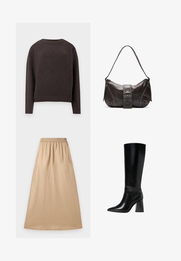 Un pull ras-du-cou brun foncé avec des manches longues et des poignets et un ourlet côtelés, vu de dos sur un fond blanc.; Jupe maxi beige en tissu léger, dotée d'une taille élastique et d'une texture lisse, avec un design droit et fluide.; Bottes en cuir noir arrivant au genou, avec un bout pointu, une texture lisse et un talon épais et cranté pour la stabilité. Design élégant avec des accents minimalistes.; Sac à épaule en cuir marron avec une forme courbée, présentant un détail de boucle proéminent, des coutures contrastantes et une seule bandoulière.