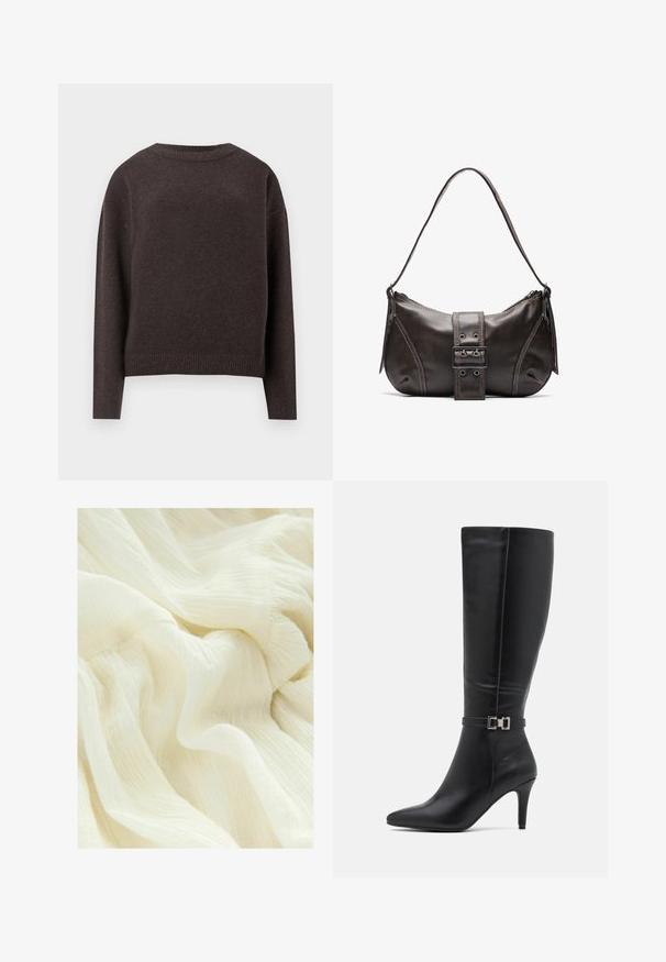 Tmavě hnědý svetřík s kulatým výstřihem a dlouhými rukávy, se žebrovanými manžetami a spodním lemem, zobrazený zezadu na bílém pozadí.; Pomačkaná bílá tkanina s jemnou, průhlednou texturou. Materiál má lehký, splývavý vzhled s jemnými variacemi tónu.; Černé kožené vysoké boty do kolen s špičatou špičkou, vysokým podpatkem a stříbrným přezkovým akcentem na kotníkovém pásku. Hladká textura a elegantní design.; Hnědá kožená taška přes rameno s zakřiveným tvarem, s výrazným detailem přezky, kontrastním prošíváním a jedním popruhem na rameno.