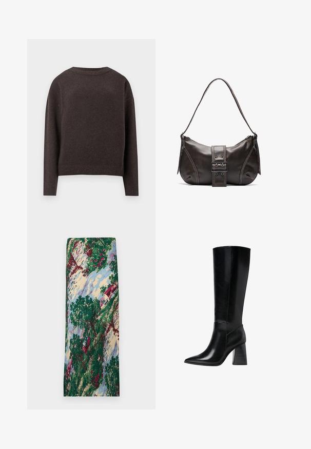 Ciemnobrązowy sweter z okrągłym dekoltem, z długimi rękawami oraz ściągaczami na mankietach i u dołu, pokazany z tyłu na białym tle.; Wzorzysta tkanina przedstawiająca pejzaż z zielonymi drzewami, czerwonymi kwiatami, domem z czerwoną dachówką i niebieskim niebem. Gładka faktura.; Czarne skórzane botki do kolan z wąskim noskiem, gładką teksturą oraz masywnym, żłobionym obcasem dla stabilności. Elegancki design z minimalnymi akcentami.; Brązowa skórzana torba na ramię w kształcie łuku, z wyraźnym detalem klamry, kontrastowym przeszyciem i pojedynczym paskiem na ramię.