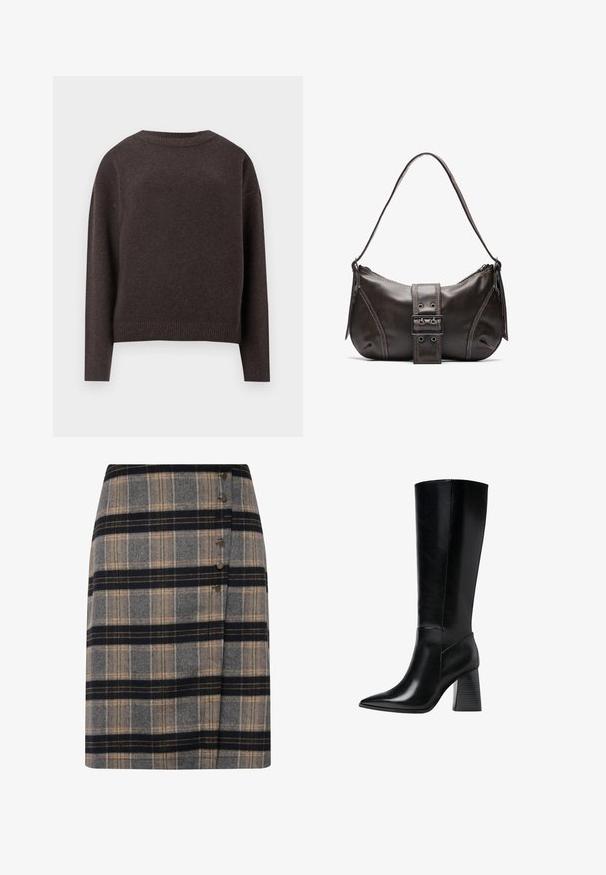 Dark brown crewneck sweater with long sleeves and ribbed cuffs and hem, shown from the back on a white background.; Wool plaid skirt in gray, black, and beige with a side button closure and a slight wrap design. Textured fabric with a classic pattern.; Knee-high black leather boots with a pointed toe, smooth texture, and a chunky ridged heel for stability. Sleek design with minimal accents.; Brown leather shoulder bag with a curved shape, featuring a prominent buckle detail, contrasting stitching, and a single shoulder strap.